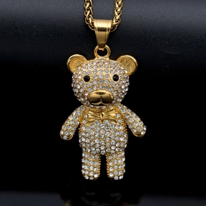 Hip hop style gold plated bear pendant necklace with sparkling white zircons and black eyes
