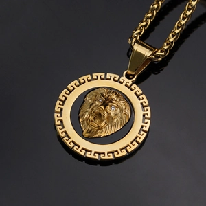 Colgante de cabeza de león de acero inoxidable 316 chapado en oro hip hop con ojos de circón