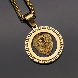 Hip Hop 316 Acero Inoxidable Chapado Oro Cabeza León Solo Colgante Sin Cadena Zirconia Meandro Griego Joyería