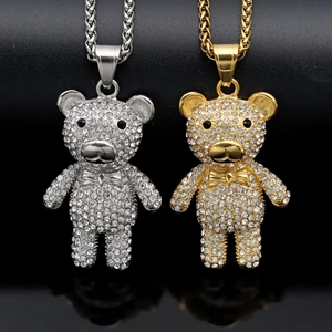Hip Hop Iced Out Teddy Bear Pendant Necklace 316 Stainless Steel Gold Silver Plated Rhinestone Animal Jewelry For Men Women