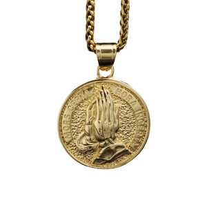 Gold stainless steel medallion pendant with praying hands and Latin engraving