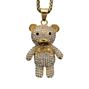 Hip hop style gold plated bear pendant necklace with full cubic zirconia stones and rope chain