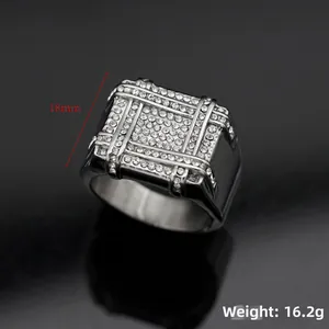 Macro view showing 18mm wide square face with iced out pave zircon on hip hop ring