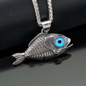 Collar punk vintage de espina de pescado con colgante de ojo azul en metal oxidado