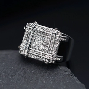 Luxurious hip-hop square ring in silver finish with full micro-pave crystals on stone