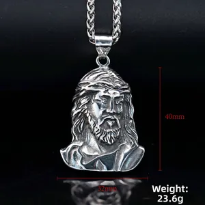 Macro detail of 316 stainless steel Jesus head pendant with 40mm height dimension
