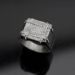 Luxurious hip hop iced out square checkered ring with sparkling rhinestones for men