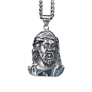316L stainless steel Jesus pendant with thorn crown and silver twisted rope chain