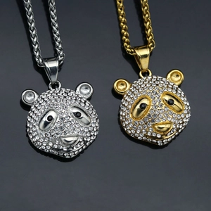 Pendentif Panda en Acier Inoxydable Hip Hop Pour Hommes Femmes Strass Animaux Bijoux Or Argent Sans Chaîne