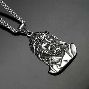 Vintage stainless steel Jesus head relief pendant on wheat chain with silver finish