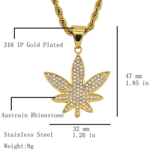Gold plated maple leaf hiphop pendant with austrian rhinestones on twist chain