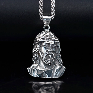 Religious Jesus face pendant in silver stainless steel with heavy braided metal chain