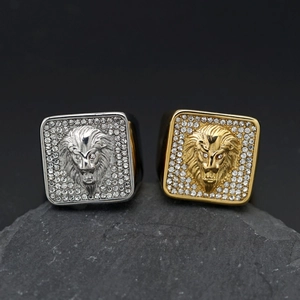 Anello Hip Hop in Acciaio Inossidabile 316 Con Strass Testa di Leone per Uomo Punk Animale Anello a Sigillo Quadrato
