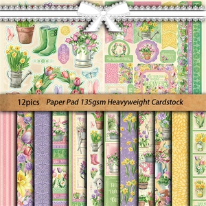 12-pack vintage botanical scrapbooking paper pad with floral and gardening patterns
