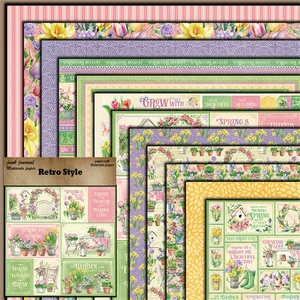 Macro view of retro junk journal floral paper pack with vintage garden motifs