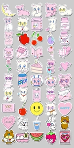 Flat lay macro of various cute Y2K cartoon stickers including bears, hearts, and desserts