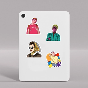 Set of 50 pop art girl stickers on a white laptop featuring creative retro illustrations