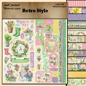Detailed view of vintage floral junk journal paper with garden and butterfly motifs