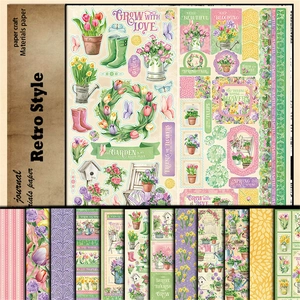 Close-up of vintage floral scrapbook paper with tulip and butterfly gardening motifs