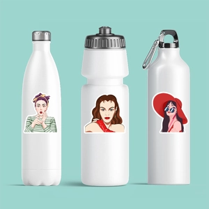50pcs Pop Art girl cartoon waterproof stickers on white stainless steel sports bottles