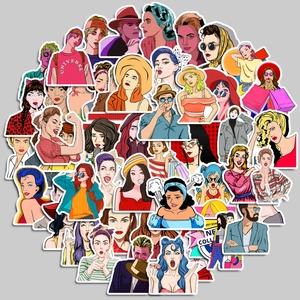 Close-up of pop art style girl cartoon stickers for laptops and suitcases