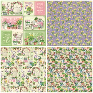 Vintage Growing in Love scrapbook paper with spring garden floral and gardening patterns