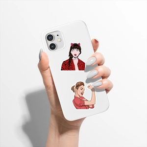 Detail of Pop Art girls illustration on a protective iPhone case shown in hand