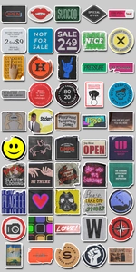 Detail of 50 vintage cartoon stickers with retro signs and scrapbooking art style