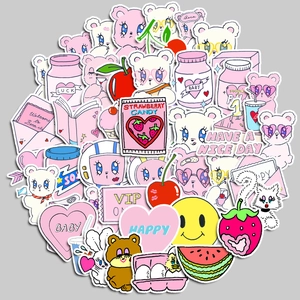 Set of 50 cute pink cartoon bear and fruit waterproof DIY stickers for laptops