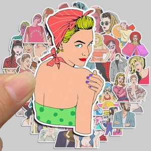 Detail of vibrant pop art girl stickers with Ben-Day dots and vintage comic style