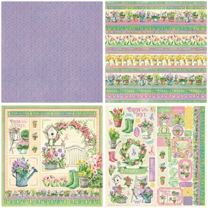 Garden themed scrapbook paper set with floral illustrations and Grow with Love patterns