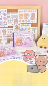 Close-up of 50 waterproof cartoon bear stickers in purple packaging for scrapbooking