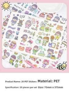 Detail of 20 pieces waterproof PET stickers with cartoon girl patterns and pink tweezers