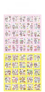 Detail view of colorful PET waterproof stickers featuring cartoon girls and diverse themes