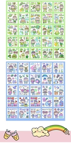 Detail showing cute cartoon girl PET stickers for planners and scrapbook decoration