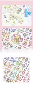 Close-up of assorted waterproof PET stickers featuring cute cartoon girls and animals