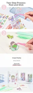 Detail showing cartoon PET stickers application steps and decorated water bottle with tweezers
