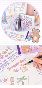 Close-up of waterproof cartoon bear stickers with various cute designs for scrapbooking