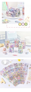 Detail of waterproof PET stickers with cute cartoon girls and floral designs for scrapbooking
