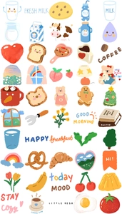 Detail of waterproof cartoon bear stickers with hand-drawn food and nature elements