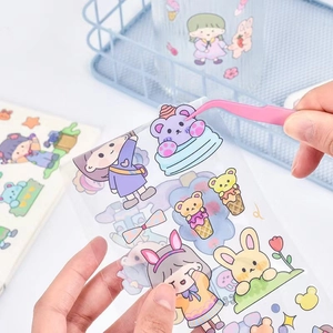 Waterproof PET cartoon girl stickers set with tweezers for scrapbooking and decoration