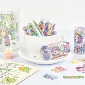 Waterproof PET stickers with cute cartoon girls and animals for DIY journal decoration