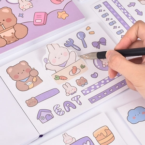 Cute bear and rabbit waterproof stickers for journals featuring purple cartoon patterns
