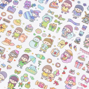 20pcs assorted kawaii girl and animal PET stickers in soft macaron colors for journals