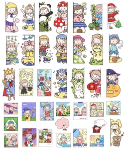 Detailed grid of cute Korean ins style cartoon girl stickers for scrapbooking