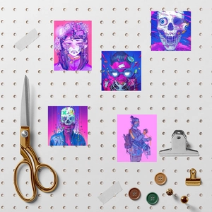 5-piece cyberpunk anime stickers set featuring glitch art skulls and neon characters