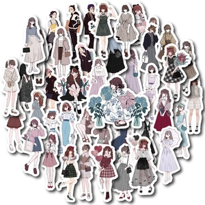 Détail à plat d'autocollants de filles de dessin animé avec bords découpés et mode