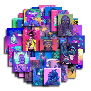 Collage of 48 cyberpunk anime stickers featuring neon futuristic characters and tech art