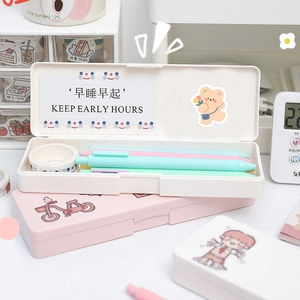Minimalist bear stickers on pastel stationery storage box with cartoon aesthetic