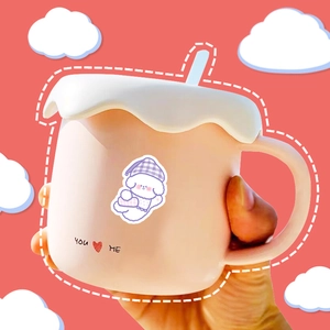 Cute pink dog pattern ceramic mug with cream-style lid and stirring stick